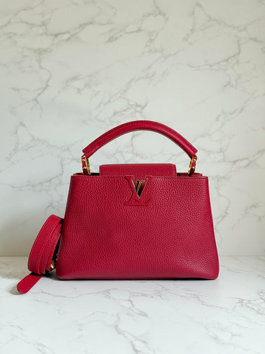 Louis Vuitton Red Calfskin Capucines BB w/ Leather Strap Gold Hardware