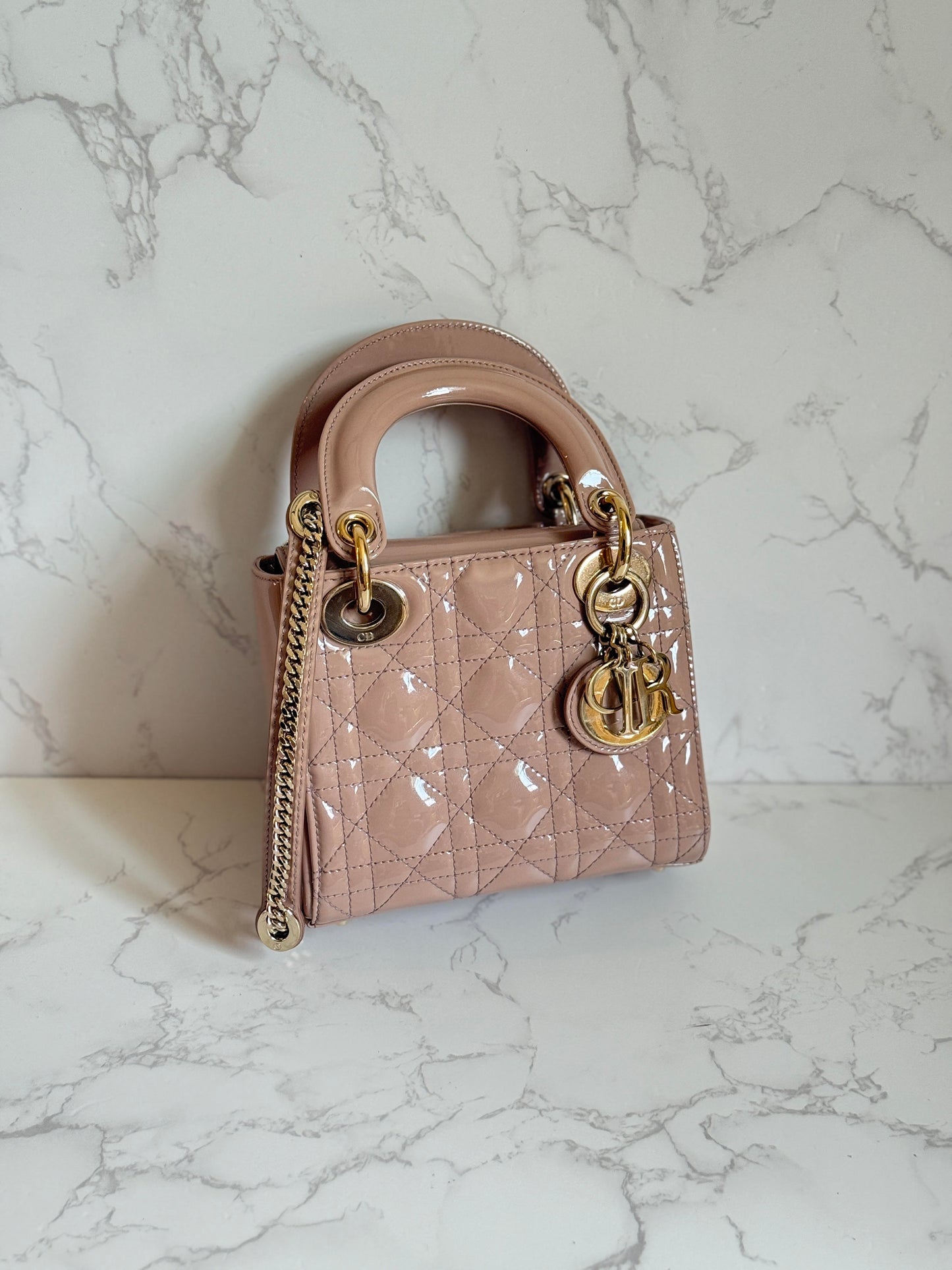 Dior Beige Nude Patent Mini Lady w/ Chain Strap Gold Hardware