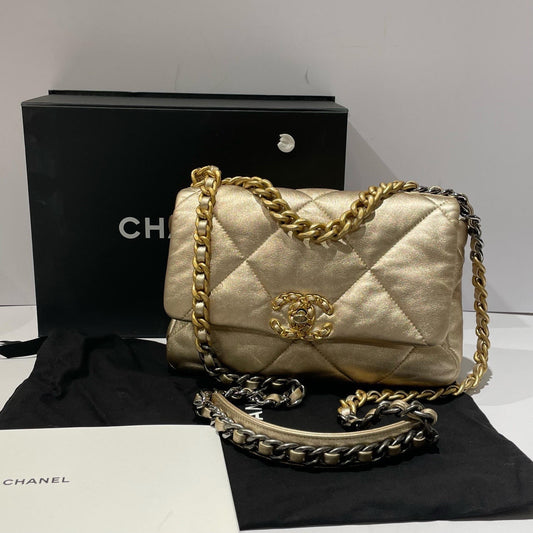 Chanel 21S Metallic Gold Lambskin Small 19 Bag w/ Gold Hardware