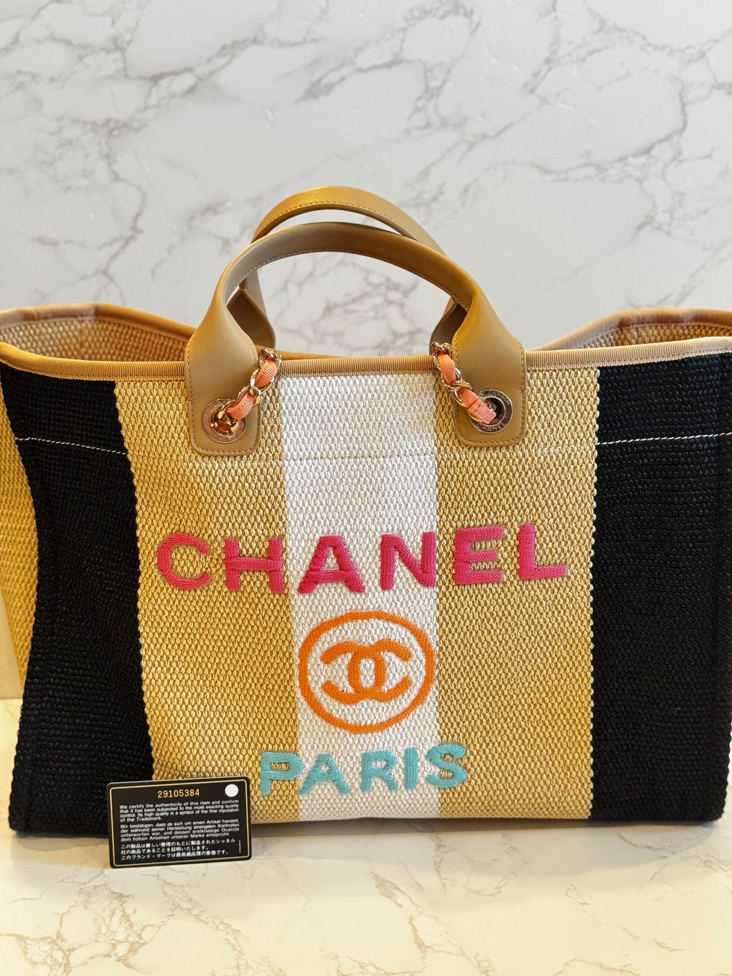 Chanel Black/Beige/Straw Raffia Calfskin Striped Large Deauville Tote