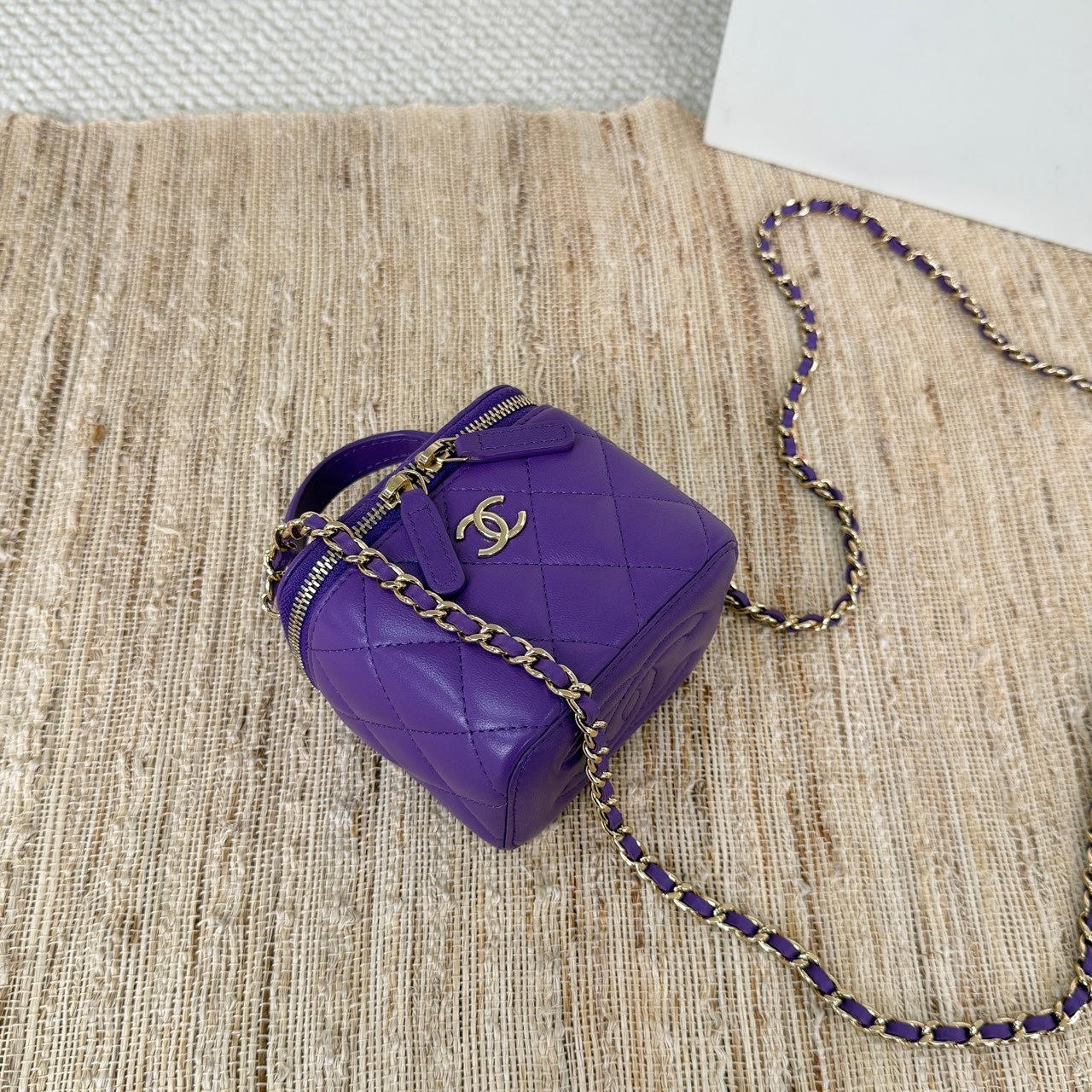 Chanel Purple Lambskin Top Handle Mini Vanity Case w/ Chain Gold Hardware