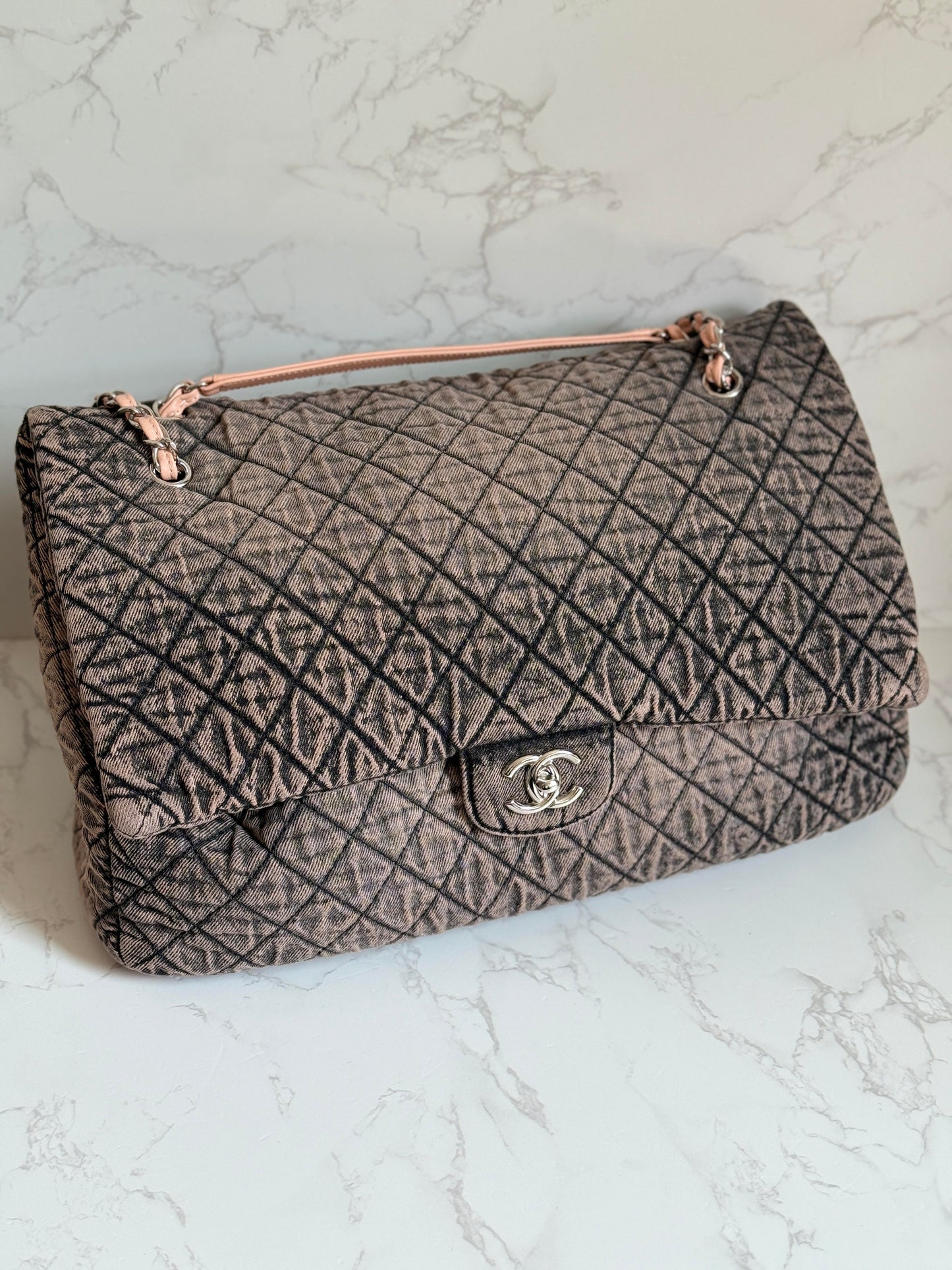 Chanel Rose Clair Denimpression XXL Single Flap w/ Silver Hardware