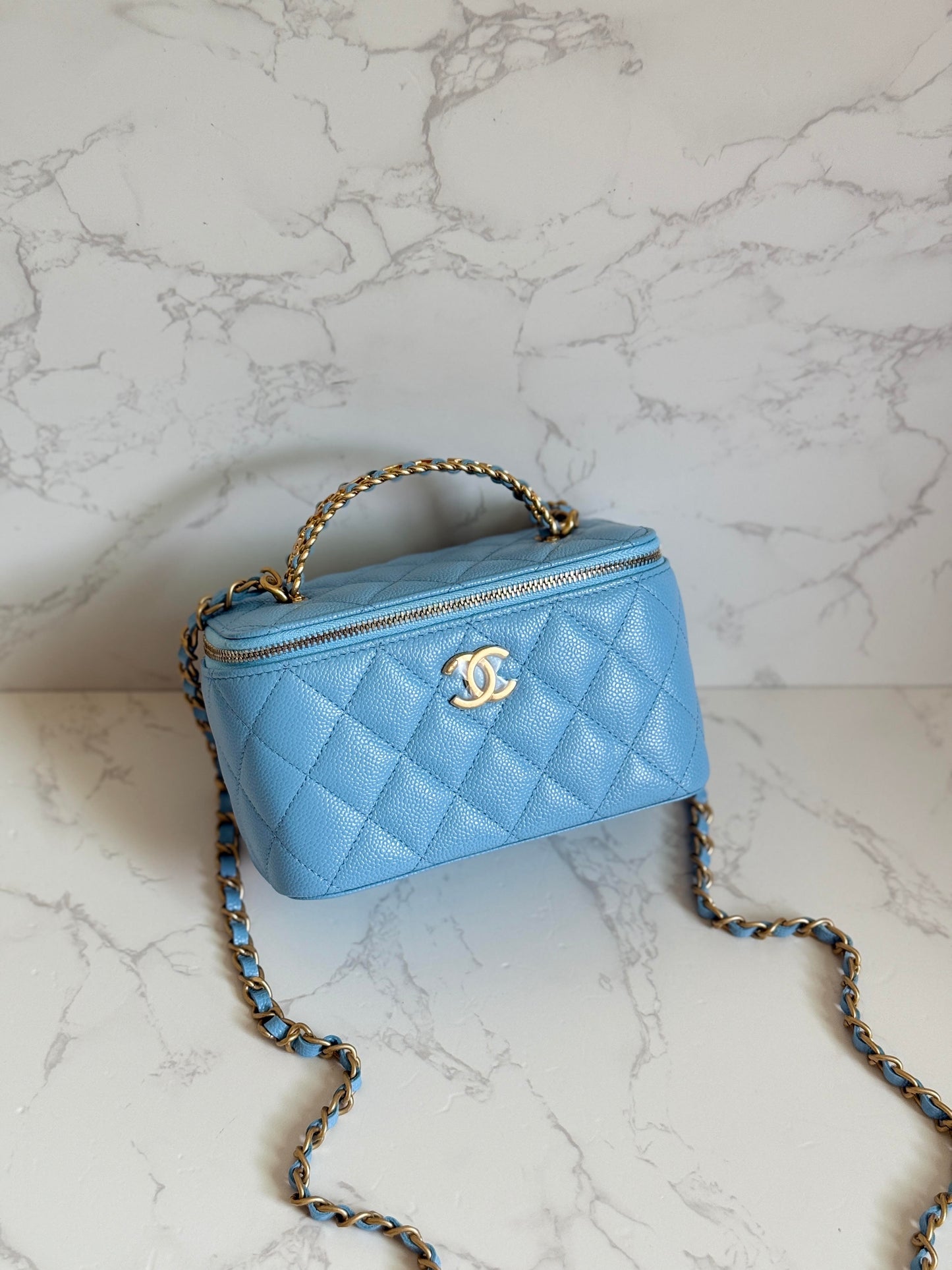 Chanel 22S Light Blue Caviar Vanity w/ Chain Gold Hardware