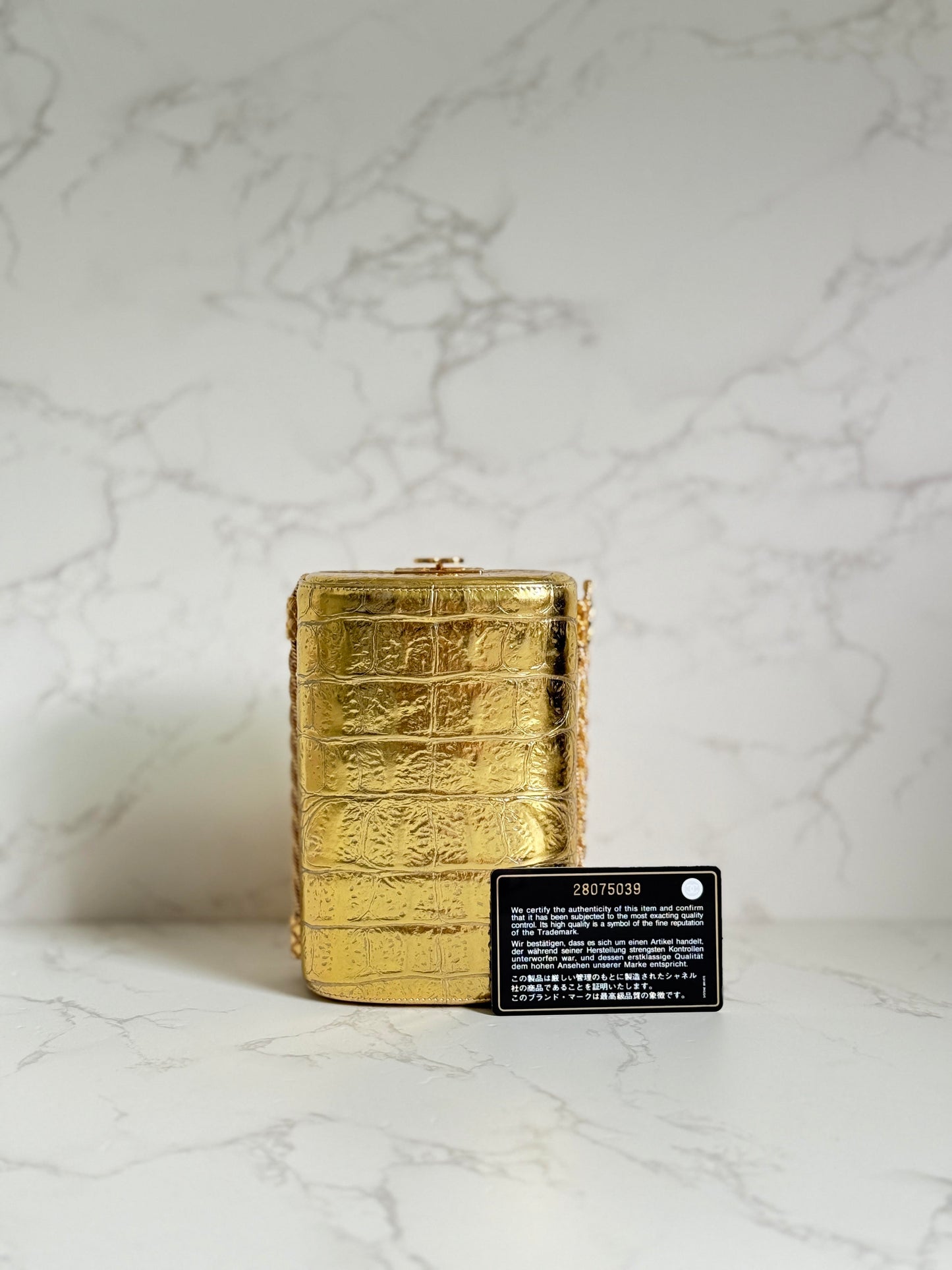 Chanel Egyptian Collection Metallic Gold Embossed Croc Evening Box Crossbody w/ Gold Hardware