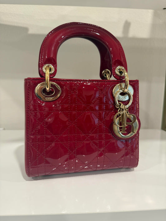 Dior Red Patent Mini Lady Dior w/ Chain Strap Gold Hardware (Balance)